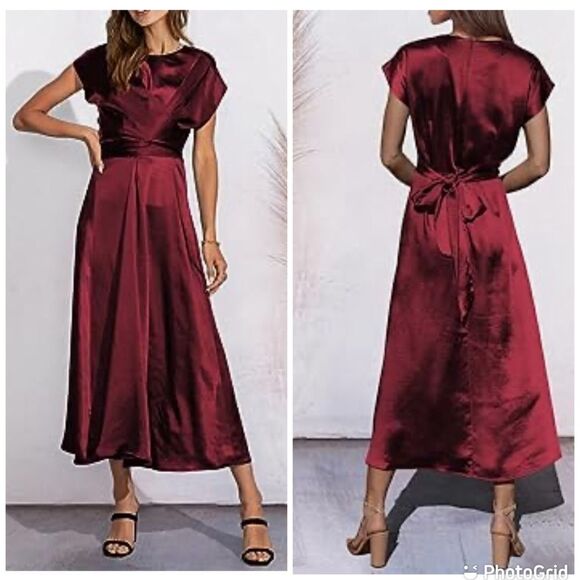 NWT PRETTYGARDEN 2023 Summer Satin Midi Cap Sleeve Tie Waist Elegant A-Line - Picture 1 of 11